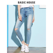 百家好夏季新款 HQDP321L 女式破洞水洗磨白牛仔裤 House Basic