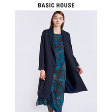 Basic House/百家好秋冬女式纯色大衣V领长袖中长款外套HRCA521C图片