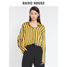 Basic House/百家好2018秋新款条纹薄款翻领长袖宽松T恤HSBL628B图片