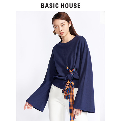 Basic House/百家好圆领喇叭袖拼色绑带针织卫衣女上衣HRTS721J商品大图