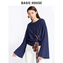 Basic House/百家好圆领喇叭袖拼色绑带针织卫衣女上衣HRTS721J图片