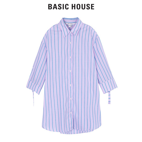 Basic House/百家好新款条纹衬衫九分袖立领单排扣上衣女HSWS525F商品大图