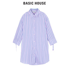 Basic House/百家好新款条纹衬衫九分袖立领单排扣上衣女HSWS525F图片