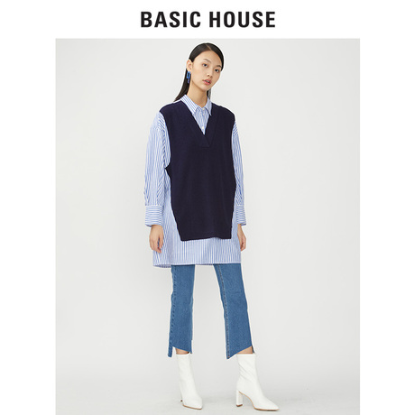 Basic House/百家好2018秋冬新款假两件条纹V领衬衫女HSWS721C商品大图