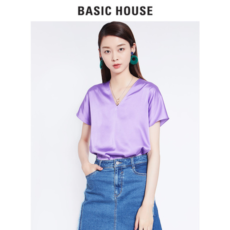Basic House/百家好2018年秋季新款衬衫V领套头纯色短袖HSBL521A商品大图