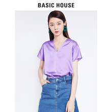 Basic House/百家好2018年秋季新款衬衫V领套头纯色短袖HSBL521A图片