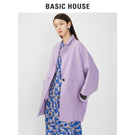 Basic House/百家好翻领一字扣落肩中长款双面呢大衣女HSCA720D商品大图
