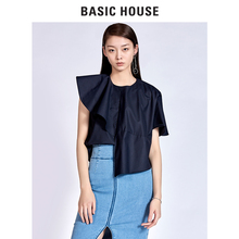 Basic House/百家好新款夏装圆领荷叶边衬衫不规则衬衣女HRBL321I图片