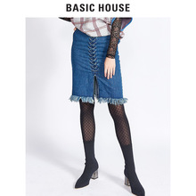 Basic House/百家好冬季中款及膝牛仔中裙包臀修身半身裙HRSK721C图片