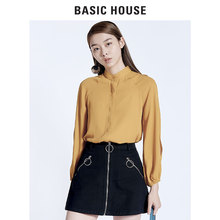 Basic House/百家好夏季女装纯色纽扣长款宽松圆领衬衫潮HRBL521H图片
