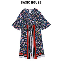 Basic House/百家好女装韩版长款百搭长袖v领碎花连衣裙HSWS528B图片