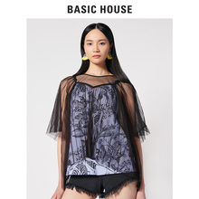 Basic House/百家好明星同款2018夏季性感网纱T恤上衣女HSBL321H图片
