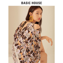 Basic House/百家好2018新款碎花露肩中袖短款连衣裙女HSOP521G图片