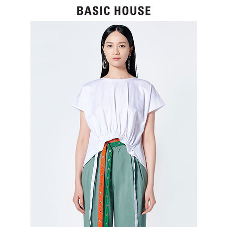 Basic House/百家好2018夏季新款宽松系带开叉短袖T恤女HSTS321Z商品大图