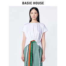 Basic House/百家好2018夏季新款宽松系带开叉短袖T恤女HSTS321Z图片