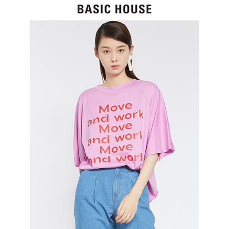Basic House/百家好2018秋季字母宽松中袖巨袖棉短袖T恤HSTS521J商品大图