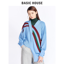 Basic House/百家好冬季新款拼条V领不规则宽松针织毛衣HRKT721F图片