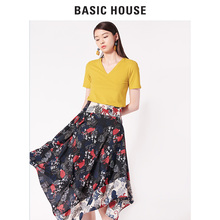 Basic House/百家好2018新款V领短袖T恤纯色基础款上衣女HSTS320H图片