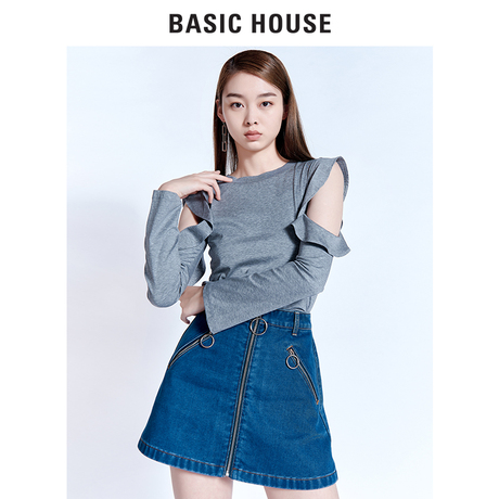 Basic House/百家好圆领棉T恤女士露肩长袖上衣百搭衬衫HRTS521L商品大图
