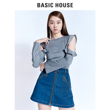 Basic House/百家好圆领棉T恤女士露肩长袖上衣百搭衬衫HRTS521L图片