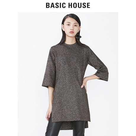 Basic House/百家好秋冬季简约中袖毛呢开叉针织衫中短款HRKT720W商品大图