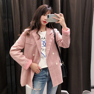 春秋ins粉色格子小西装2018新款女春装外套韩版短款学生新势力周