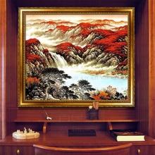 鸿运当头纯手绘古典欧式客厅山水风景油画新中式别墅大厅玄关装饰