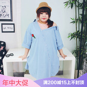 230斤胖妹妹时尚 牛仔连衣裙 斜肩性感减龄短袖 女装 hello胖妞特大码