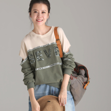 米可可  T9012 文艺大码亮片字母拼色宽松纯棉T恤卫衣女 2018秋图片