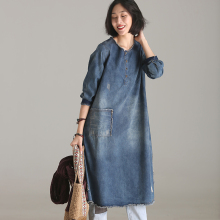 米可可  Q9505 文艺大码半襟圆领长袖做旧磨色牛仔连衣裙女 新秋图片