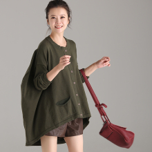 米可可  Z9018 文艺大码A字圆领长袖口袋针织开衫外套女 2018秋图片