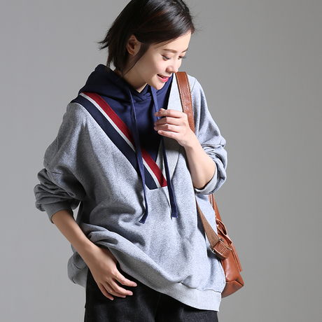 米可可  R3803 文艺大码撞色拼接假2件秋季连帽卫衣女2018新款冬商品大图