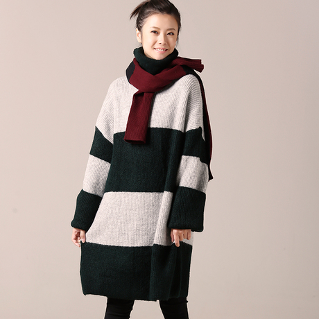 米可可  M8512 文艺大码宽条纹高领长袖中长款打底毛衣女 2018冬商品大图