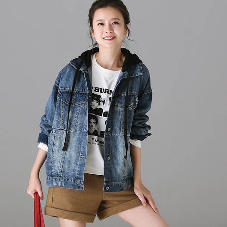 米可可W8113 文艺大码连帽大兜做旧假两件牛仔外套女 2018秋新商品大图