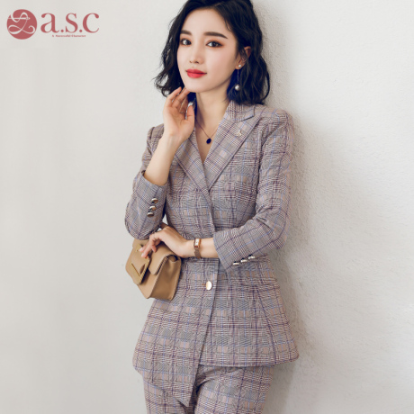 艾尚臣2018新款女时尚英伦女士职业装格子西装外套女正装面试西装商品大图