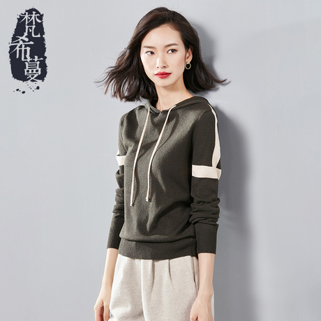 梵希蔓针织卫衣女套头连帽2018秋装新款运动休闲撞色宽松长袖上衣商品大图
