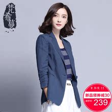梵希蔓棉麻修身西服外套短款韩版一粒扣百搭蓝色休闲外套小西装女图片