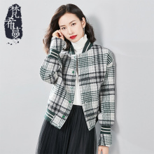 梵希蔓小个子毛呢外套女短款2018新款冬季格子喇叭袖复古立领上衣图片