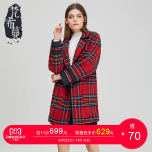 【预售】梵希蔓毛呢外套女中长款2018冬季翻领格子呢子大衣女图片