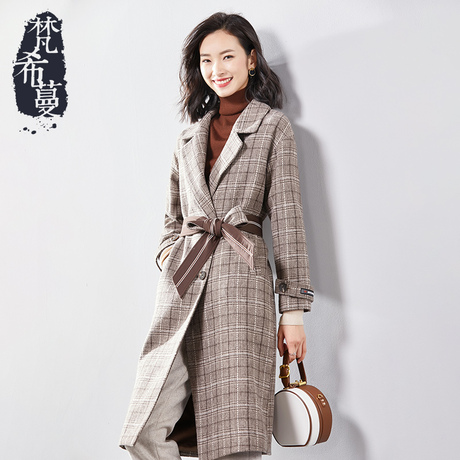 梵希蔓格子毛呢外套女中长款2018新款冬季双排扣翻领修身呢子大衣商品大图