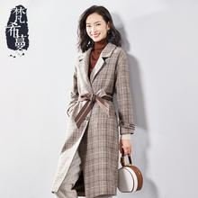 梵希蔓格子毛呢外套女中长款2018新款冬季双排扣翻领修身呢子大衣图片