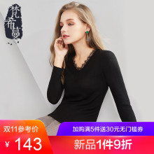 梵希蔓2018秋冬打底毛衣女修身显瘦V领拼接蕾丝套头黑色针织衫女图片