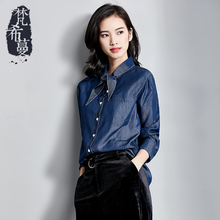 梵希蔓2018春新款女装韩版系带领牛仔衬衣女长袖短款衬衣不对称图片
