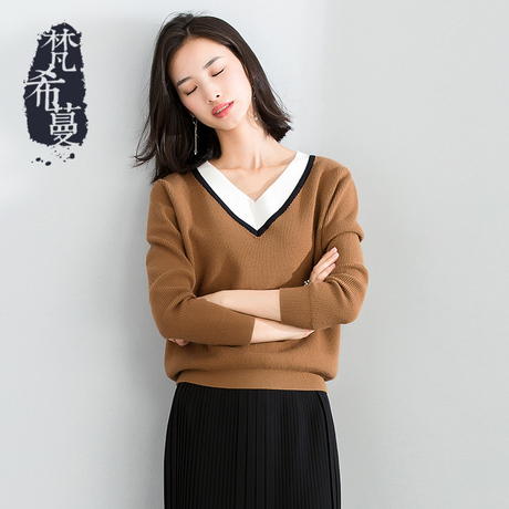 梵希蔓针织衫女套头长袖秋冬新款女装韩版显瘦短款v领毛衣打底衫商品大图