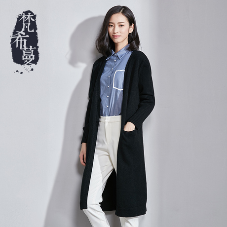 梵希蔓长袖针织衫女开衫外套2017新款秋装韩版口袋宽松中长款毛衣商品大图