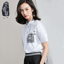梵希蔓白衬衫女2018新款夏装短袖宽松翻领印花文艺休闲百搭衬衣女图片