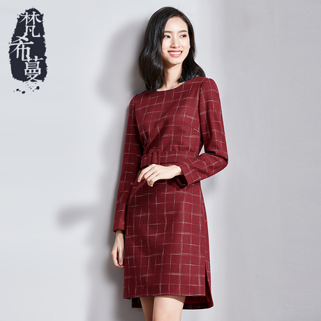 梵希蔓毛呢连衣裙2018秋冬新款女装韩版格子长袖高腰修身显瘦裙子商品大图