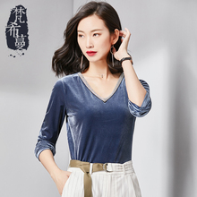 梵希蔓2018秋季新款女装韩版百搭打底衫修身v领短款金丝绒t恤长袖图片