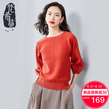 梵希蔓毛衣女宽松套头2018秋季新款七分灯笼袖文艺休闲圆领针织衫图片