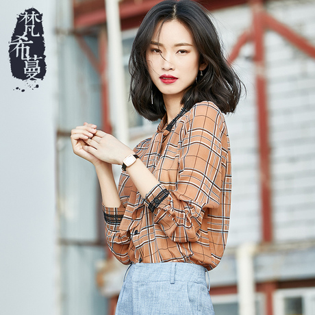 梵希蔓2018新款秋装宽松格子套头飘带衬衫女港味气质洋气小衫雪纺商品大图